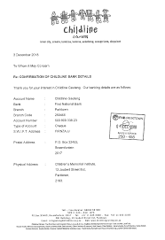 Formal letter to inform change of bank account. Bank Account Details Confirmation Letter Childline Gauteng