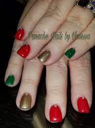 These red, green, and glitter nails are perfect for the holiday season. Simple Christmas Nails Red Green And Gold Solid Short Acrylic Nails Panache Nails By Vanessa Christmas Nails Acrylic Christmas Nails Easy Christmas Nails