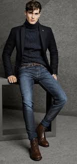 Black And Blue Outfits Fall Outfit Idea With A Black Cable Knit Sweater Brown Woven Leather Belt Black Blazer Lapel Pin Blue Jeans Blazer Outfits Men Mens Outfits Mens Fashion Casual