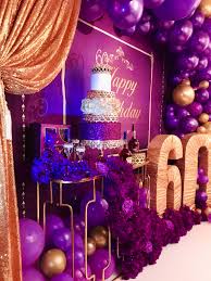 Buy 60th birthday party decorations including decoration kits, confetti and celebration banners with next day find all the decorations you need for an incredible 60th birthday party, with banners decorating kits banners and bunting hanging decorations centrepieces table decorations lights. Amethyst 60th Birthday By Diamant Du Parris Inc 60th Birthday Decorations Gold Birthday Party 60th Birthday