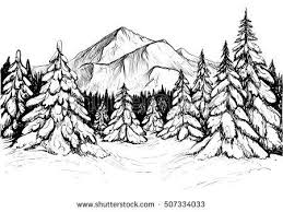 Realistic Drawing Patterns Winter Forest Sketch Black And White Vector Illustration Of Snowy Firs And Mountain Forest Sketch Mountain Drawing Winter Drawings