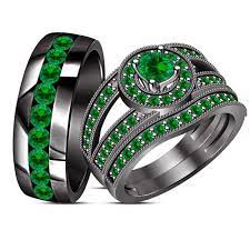 Wedding Band Engagement Ring His Her Trio Set Green Sapphire Black Gp 925 Silver Engagement Ring Wedding Band Green Sapphire Rings