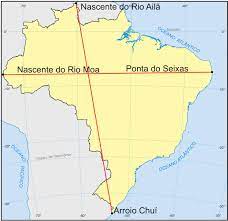 Mapa do Brasil destacando os Pontos Extremos do Mapa do Brasil: Monte Caburaí ao Norte, Arroio Chuí ao Sul, Ponta do Seixas ao Leste e Nascente do Rio Moa ao Oeste.