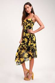 On And Off Black And Yellow Floral Print Asymmetrical Midi Dress Asymmetrical Midi Dress Stylish Black Dress Cute Black Dress
