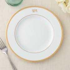 Fancy dinner plates or salad plates, disposable plastic silver/gold rim plates, shiny metallic lace design, deluxe wedding & party supplies. Pickard Signature Gold Monogrammed Salad Plate