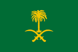 National flag consisting of a green field (background) bearing, in white, an arabic inscription and a sabre. Saudi Arabia