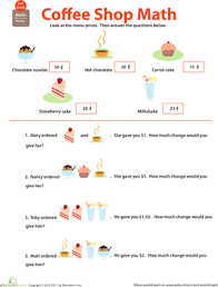 Printable menus for playing restaurant. Making Change Coffee Shop Math Worksheet Education Com