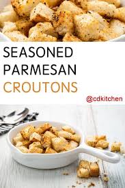 Seasoned Parmesan Croutons Made With Bread Butter Olive Oil Garlic Parmesan Cheese Dried Oregano Dried Thyme In 2020 Parmesan Crouton Recipe Recipes Croutons