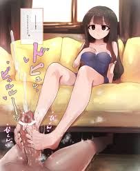 absurdres, highres, 1girl, barefoot, brown eyes, brown hair, couch, cum,  ejaculation, feet, footjob, hand on own chest, long hair, sitting, steam,  toes - Image View - | Gelbooru - Anime Art &