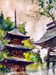X Steemit Japan Watercolor Watercolor Landscape Paintings Watercolor Illustration Washington dc temple, 11x14, in frame. x steemit japan watercolor