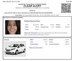 Blue alerts are designed to speed in the apprehension of violent criminals who kill or seriously wound local, state, or federal law enforcement officers. Texas Alerts On Twitter Discontinued Missing Adult Alert For Felisia Paulina Ruiz From San Antonio Tx On 06 14 2021 Nv Plate 913j42