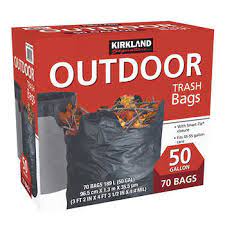 The costco store brand is good. Kirkland Signature 50 Gallon Outdoor Trash Bag Black 70 Count Costco