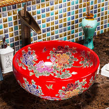 peony red pattern flower wash basin