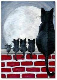 Feline Family And Friend Watching The Moon Black Cat Sanat Hayvan Sanatsal Resimler