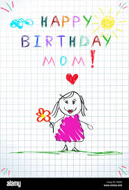 Happy Birthday Mom Greeting Card Baby Drawing Illustration With Hand Drawn Mom In Pink Dress Hold Flower And Heart On Checked Paper Background Baby Stock Photo Alamy