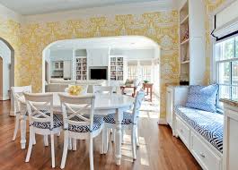 In bright shades, yellow pairs well with other happy colors, including pink and sapphire blue. Yellow And Blue Dining Room Transitional Dining Room House Of Fifty