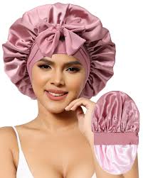 Amazon.com : Satin Bonnet for Women Silk Bonnets for Sleeping Curly Hair  Bonnet with Elastic Tie Band Reversible Double Layer Sleep Cap Hair Wrap  (Bean Paste + Pink) : Beauty & Personal Care