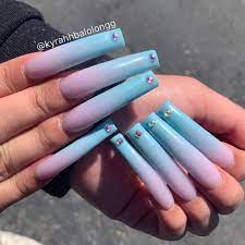 K Y R A H Brentwood Ca On Instagram The Finished Look Glow In The Dark Blue X Blush Pink Ombre Glitter Nails Acrylic Pink Glitter Nails Long Nails