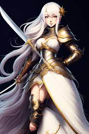 Lexica - anime female knight full body holding sword white hair