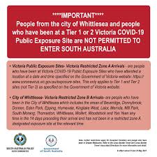 Newsnow aggregates the latest headlines on the coronavirus pandemic in victoria, australia including news on testing, cases, restrictions and more. South Australia Police On Twitter The Cross Border Associated Direction Has Been Updated In Sa People From The City Of Whittlesea And Those Who Have Been At A Tier 1 Or 2 Vic