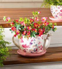 20% off with pixabay20 coupon. Indoor Outdoor Ceramic Floral Tea Pot Planter With Saucer Pink Plowhearth
