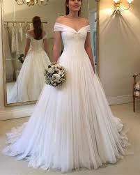 Elegant Pleated Tulle V Neck Off Shoulder Princess Wedding Dresses 2019 Outdoor Wedding Dress Princess Wedding Dresses Beautiful Wedding Dresses