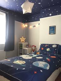 Gray Walls Dark Blue Ceiling Outer Space Bedroom Space Themed Bedroom Kids Bedroom Designs