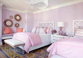 Original artwork created from vintage bookplates, etchings & papers. White Trellis Headboards On Lavender Wallpaper Transitional Girl S Room