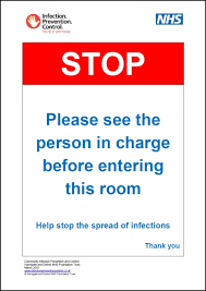 Person using phone with power concept. Stop Please See The Person In Charge Before Entering This Room Poster Infection Prevention Control