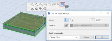 To customize a slab edge angle, and to apply a custom surface to the edge(s) of a slab and/or its holes, select the slab (or just its select the custom edge settings icon to open the dialog box. Set Custom Slab Edge Angle And Edge Surface