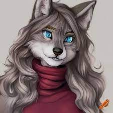 Anthro gray wolf female with long wavy hair and blue eyes wearing a maroon  turtleneck, furry art, high resolution, detailed, colored pencil drawing on  Craiyon