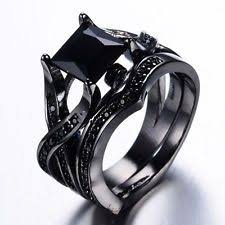 Unique Jewelry Black Obsidian Birthstone Black Gold Filled Wedding Bridal Set Ring Size 7 Black Wedding Rings Black Engagement Ring Engagement Wedding Ring Sets