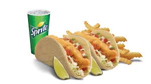 Calories per serving of beer battered fish tacos 80 calories of extra light olive oil, (0.67 tbsp) 55 calories of corn tortilla, (1 serving) 54 calories of perch (fish), (1 fillet) Del Taco Food Combos
