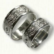 Dragon And Hound With Celtic Cross Wedding Band Set Available In All Metals And Sizes Wedding Rings Celtic Wedding Rings Dragon Jewelry