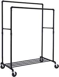 The industrial pipe clothing rack touts a matte black, powder coated finish. Amazon Com Songmics Industrial Pipe Clothes Rack Metal Double Hanging Rail On Wheels Hanging Rack Organizer With Shelf Commercial Grade For Garment Storage Display Black Uhsr60b Home Kitchen