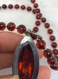 Vintage V8 Poland Sterling Silver Amber Bead Pendant Necklace