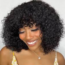 Amazon.com : Queenset Short Curly Human Hair Wigs with Bangs Glueless Wigs  for Black Women Human Hair Wear and Go Brazilian Deep Wave Curly Wigs with  Bangs None Lace Front Wigs Human