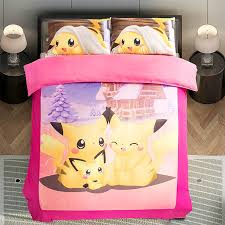 Yellow Pink Amusing Pokemon Bedding Set For Kids Bedroom Interior Decoration With Twin Nightstand Pokemon Bedding Interior Decoration Bedroom Duvet Covers