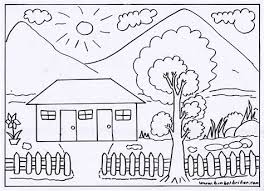 Sketsa gambar pemandangan alam berupa pedesaan dibawah kaki gunung dengan area persawahan dan sebuah rumah dipinggir jalan kecil. Mewarnai Pemandangan Gunung Gabrez