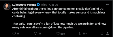 Luis Scott-Vargas Tweet about Universes Beyond being legal everywhere :  r/magicTCG