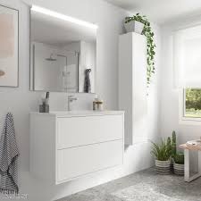 La façade du meuble suspendu en panneau de particules de bois coloris blanc met en valeur l'élégance du meuble sous vasque couleur blanc mat. Ensemble Meuble Salle De Bain Blanc Mat Vasque Miroir Et Applique 800 Optimus 87815 Salgar Vita Habitat