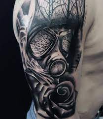 This style of tattoo is popular among latin and asian gang members. Pin By Raymond Maya On Tattoo Ideas Gas Mask Tattoo Cool Shoulder Tattoos Tattoos For Guys