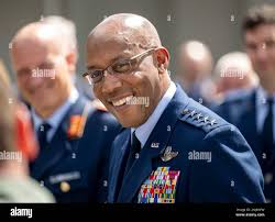 Charles Quinton Brown Jr, U.S. general and chief of staff of the United  States Air Force, smiles as his visits the Tactical Air Wing 73 'Steinhoff'  in Laage, Germany, Monday, July, 11,
