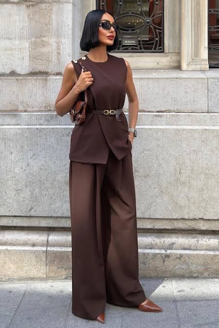 Chocolate Brown Two Piece Set | Sleeveless Vest & Wide Leg Pants Suit |  Minimalist Co-ord for Office & Events | Quiet Luxury Style - Irem Atelier