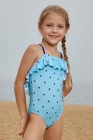 Little Stars Print Turquoise Little Girls Maillot