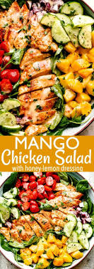 Mango Chicken Salad Has Tender Baked Chicken Breasts Served Over A Bed Of Lettuce And Topped W In 2020 Chicken Salad Recipes Healthy Salad Recipes Mango Chicken Salads
