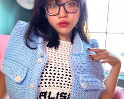 Shut Down Set Puffer Vest and Mesh Crochet Top PATTERN Made to Measure  Inspired by LALISA Blank Pink