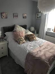 Grey White Blush And Rose Gold Girls Bedroom My Daughter Loves This Paint Fog By B Q Headboar Rose Gold Bedroom Rose Gold And Grey Bedroom Bedroom Decor