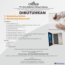 Lowongankerja15.com merupakan situs loker untuk mempublish berbagai informasi lowongan kerja terbaru dan terlengkap secara update setiap hari mulai dari perusahaan bumn, swasta, kementerian, lembaga dan instansi pemerintah lainnya untuk semua pendidikan smp sma smk d1 d2 d3 s1 s2. Lowongan Kerja Sebagai Marketing Online Januari 2021