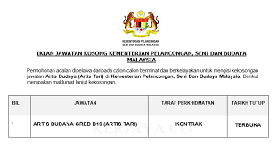 Walaubagaimanapun senaraian akan dikemaskini daripada masa ke semasa melalui halaman spat kkm. Jawatan Kosong Terkini Kementerian Pelancongan Seni Dan Budaya Malaysia Artis Budaya Kerja Kosong Kerajaan Swasta